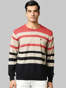 Raymond Men Beige & Pink Striped Acrylic Pullover
