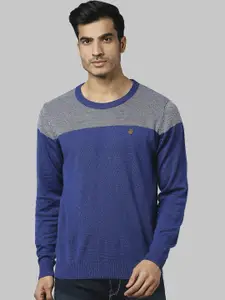 Raymond Men Blue & Grey Colourblocked Acrylic Wool Pullover