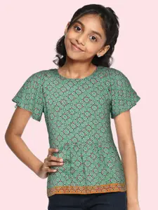 Global Desi Girls Mint Green Floral Printed Peplum Top