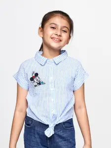 AND Girls Blue & White Striped Extended Sleeves Applique Pure Cotton Shirt Style Top