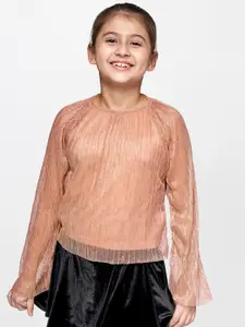 AND Girls Peach-Coloured Embellished Striped Top