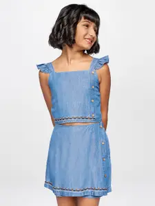 Global Desi Girls Blue Printed Top with Skirt