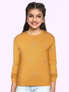 Global Desi Girls Mustard Yellow Floral Embroidered Top