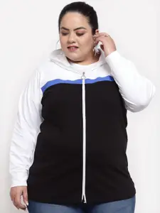 plusS Women Plus Size White & Black Colourblocked Hooded Cotton Sweatshirt