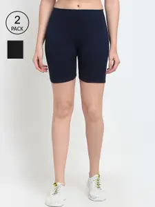 GRACIT Women Black & Navy Blue Set Of 2 Biker Shorts