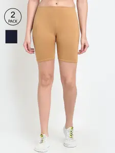 GRACIT Women Beige & Black Set Of 2 Biker Shorts
