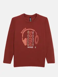 Maniac Boys Maroon & White Printed Slim Fit Pure Cotton T-shirt