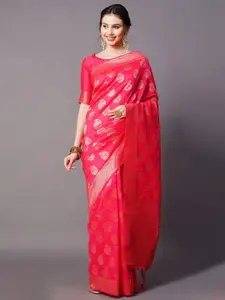 Mitera Pink & Gold-Toned Woven Design Zari Silk Blend Banarasi Saree