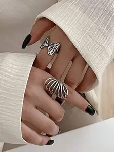 OOMPH Set Of 2 Silver-Toned Butterfly & Angel Wings Handcrafted Finger Rings