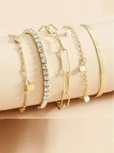 OOMPH Women Set of 5 Gold-Toned & White Crystals Charm Bracelets