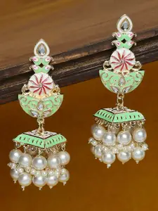 OOMPH Green Meenakari & Kundan Floral Jhumka Earrings