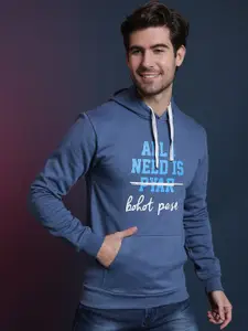 Campus Sutra Men Blue Printed Hooded Sweatshirt