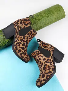 Shoetopia Tan Brown Leopard Print Suede Mid-Top Block Heeled Boots
