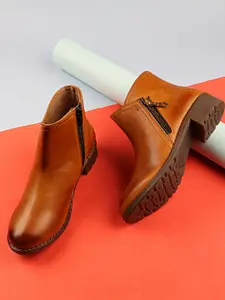 Shoetopia Tan Brown Textured Mid-Top Block Heel Boots