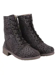 Shoetopia Grey Leopard Print Suede High-Top Block Heeled Boots