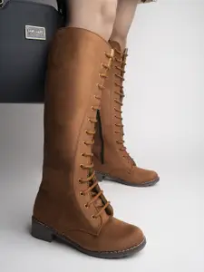 Shoetopia Tan Suede High-Top Block Heeled Boots