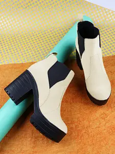 Shoetopia Cream-Coloured Textured Platform Heeled Boots
