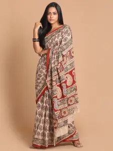 Indethnic Red & Beige Kalamkari Pure Cotton Block Print Saree