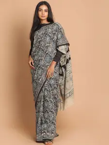 Indethnic Blue & Black Kalamkari Pure Cotton Block Print Saree