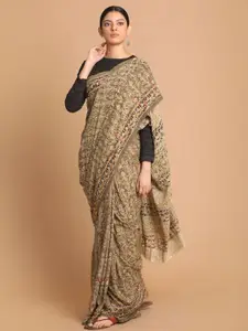 Indethnic Olive Green & Red Kalamkari Pure Cotton Block Print Saree