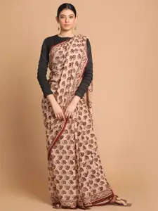 Indethnic Beige & Maroon Kalamkari Pure Cotton Block Print Saree