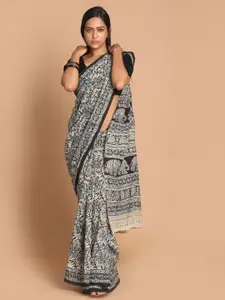 Indethnic Blue & Black Kalamkari Pure Cotton Block Print Saree