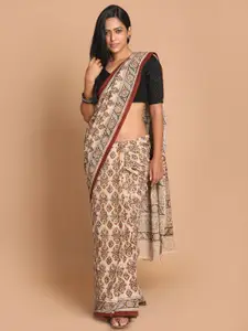 Indethnic Maroon & Beige Kalamkari Printed Mulmul Pure Cotton Saree