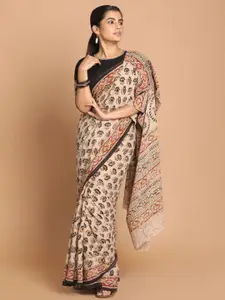 Indethnic Beige & Black Kalamkari Pure Cotton Block Print Saree