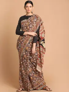 Indethnic Black & Red Kalamkari Pure Cotton Block Print Saree