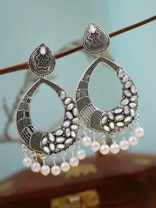 Crunchy Fashion White & Silver-Plated Teardrop Shaped Drop Earrings