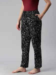 The Souled Store Women Black Printed Space Pattern Cotton Lounge Pants