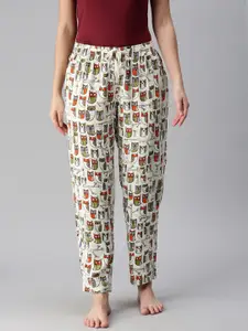 The Souled Store Women Off White Printed Owl Pattern Cotton Lounge Pants