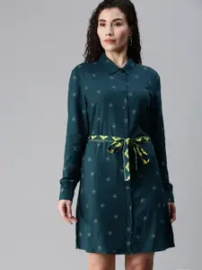 The Souled Store Teal Blue & Yellow Conversational printed Shirt Dress