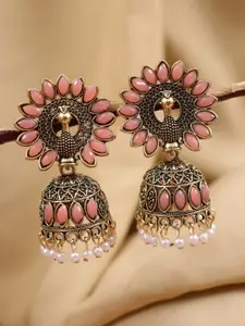 Crunchy Fashion Pink & Silver-Toned Gold-Plated Antique Dome Shaped Jhumkas Earrings