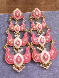 Crunchy Fashion Gold-Plated & Pink Meenakari Layered Classic Drop Earrings