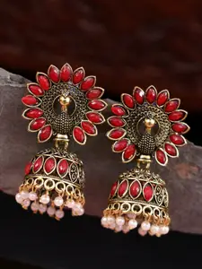 Crunchy Fashion Red Gold-Plated Dome Shaped Jhumkas Earrings