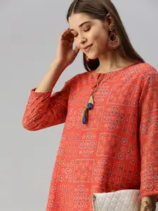 Global Desi Women Orange & White Bandhani Printed Kurta