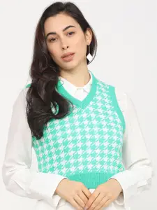 Tokyo Talkies Women White & Green Checked Crop Acrylic Sweater Vest
