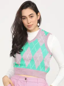 Tokyo Talkies Women Green & Pink Checked Acrylic Crop Sweater