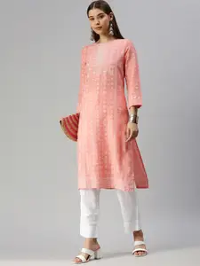 Global Desi Women Pink & White Printed Pure Cotton Kurta