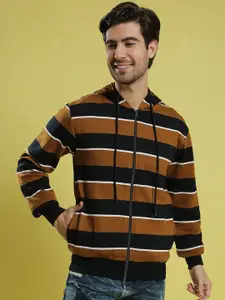 Campus Sutra Men Multicoloured Striped Hooded Sweatshirt