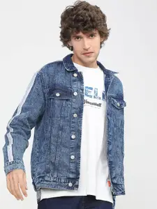 HIGHLANDER Men Blue Washed Denim Jacket with Patchwork