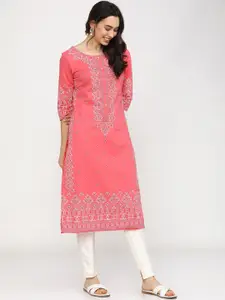 Vishudh Women Pink & White Geometric Printed Cotton Kurta