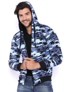 Campus Sutra Black & Blue Camouflage Print Hooded Bomber Jacket
