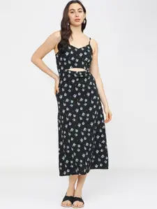 Tokyo Talkies Black Floral Crepe Midi Dress