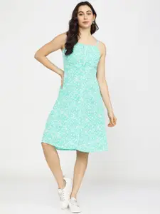 Tokyo Talkies Women Turquoise Blue & White Floral Printed Crepe Dress