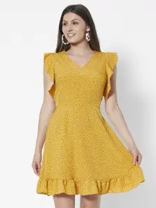 URBANIC Mustard Yellow & White Printed A-Line Dress