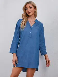 URBANIC Blue Cotton A-Line Chambray Dress