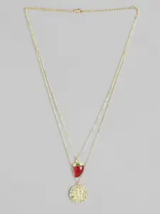DressBerry Gold-Toned & Red Zodiac Textured Stone-Studded Layered Necklace