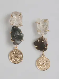 DressBerry Gold-Toned & Charcoal Grey Stone Studded Contemporary Drop Earrings